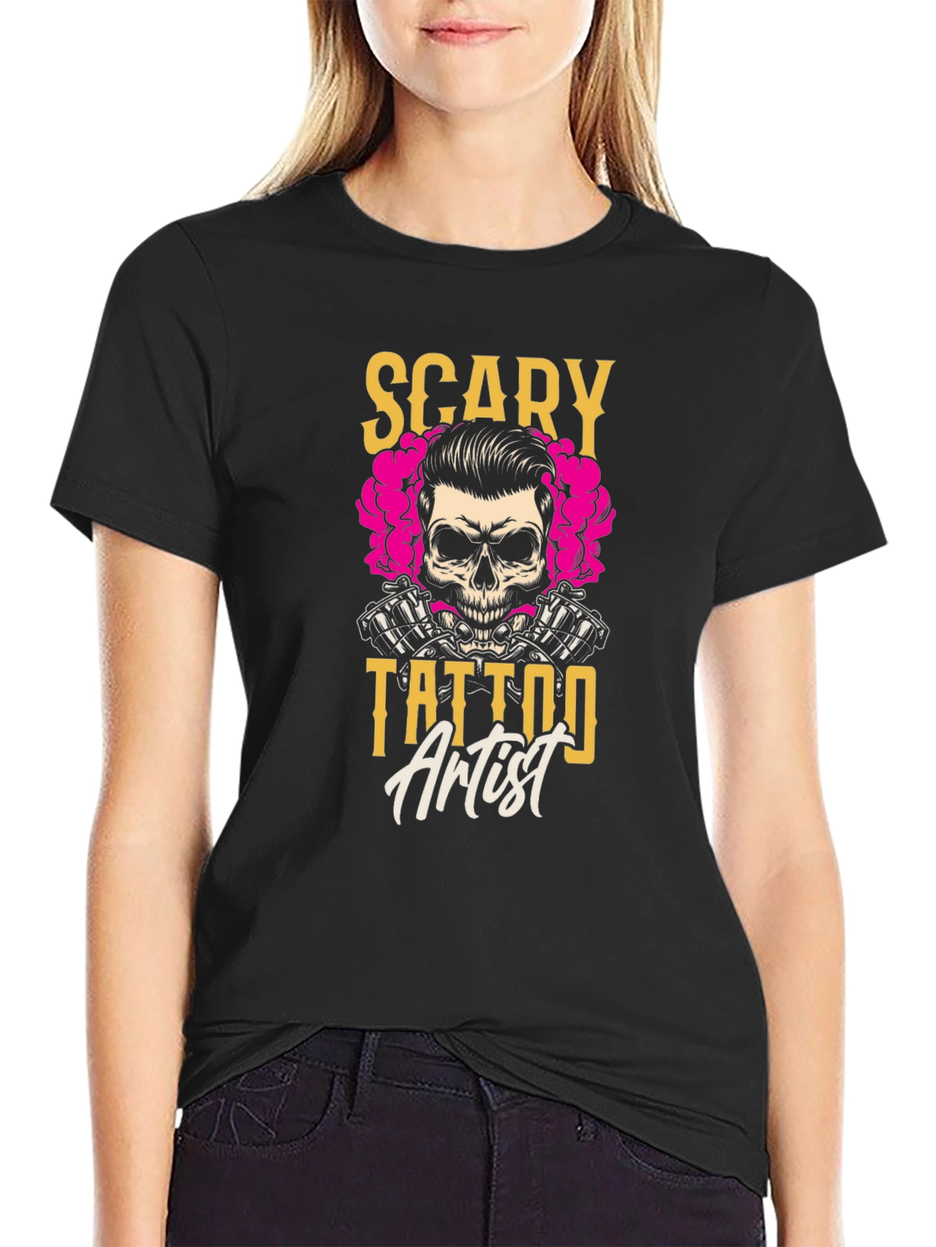 Scary Tattoo Artist Graphic Tee - Black Cotton T-Shirt