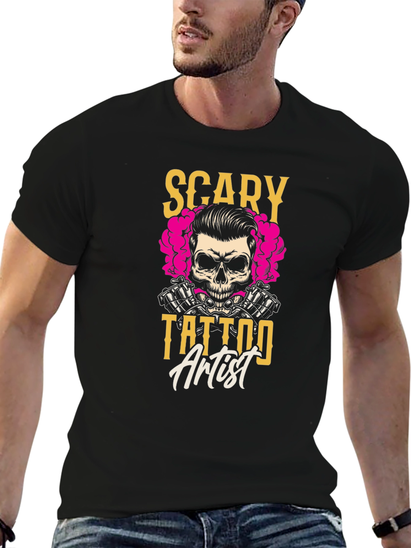 Scary Tattoo Artist Graphic Tee - Black Cotton T-Shirt