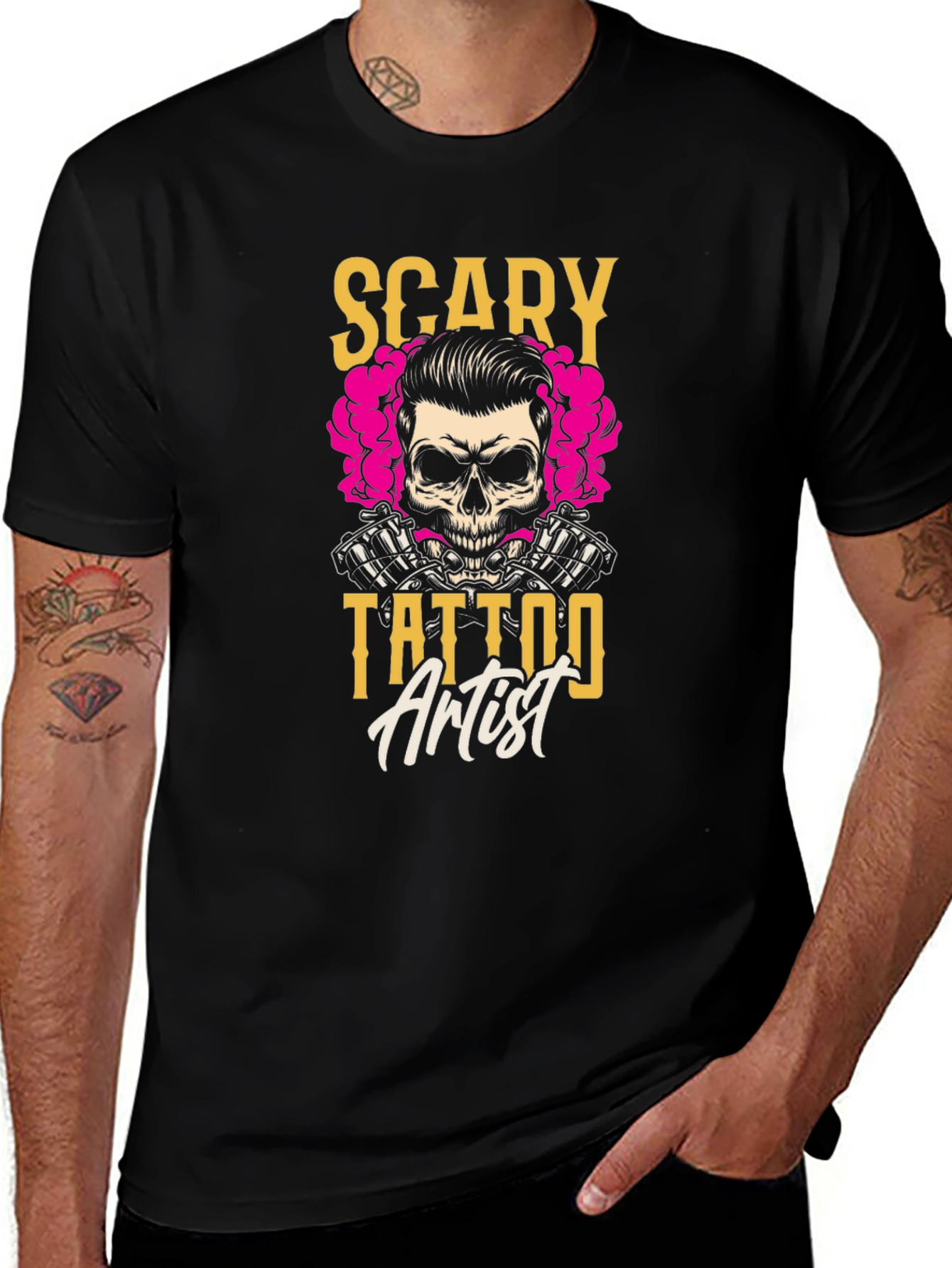 Scary Tattoo Artist Graphic Tee - Black Cotton T-Shirt