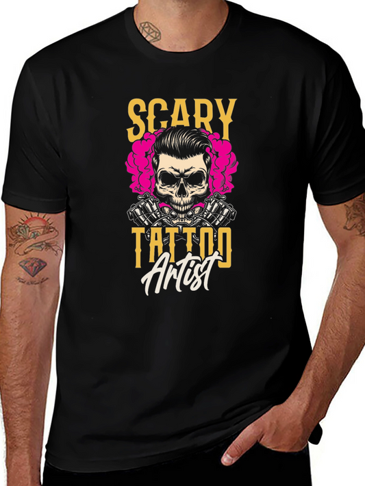 Scary Tattoo Artist Graphic Tee - Black Cotton T-Shirt