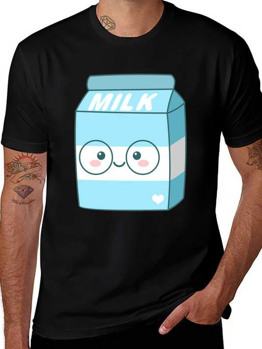 Kawaii Milk Cartoon Graphic Print Black T-Shirt