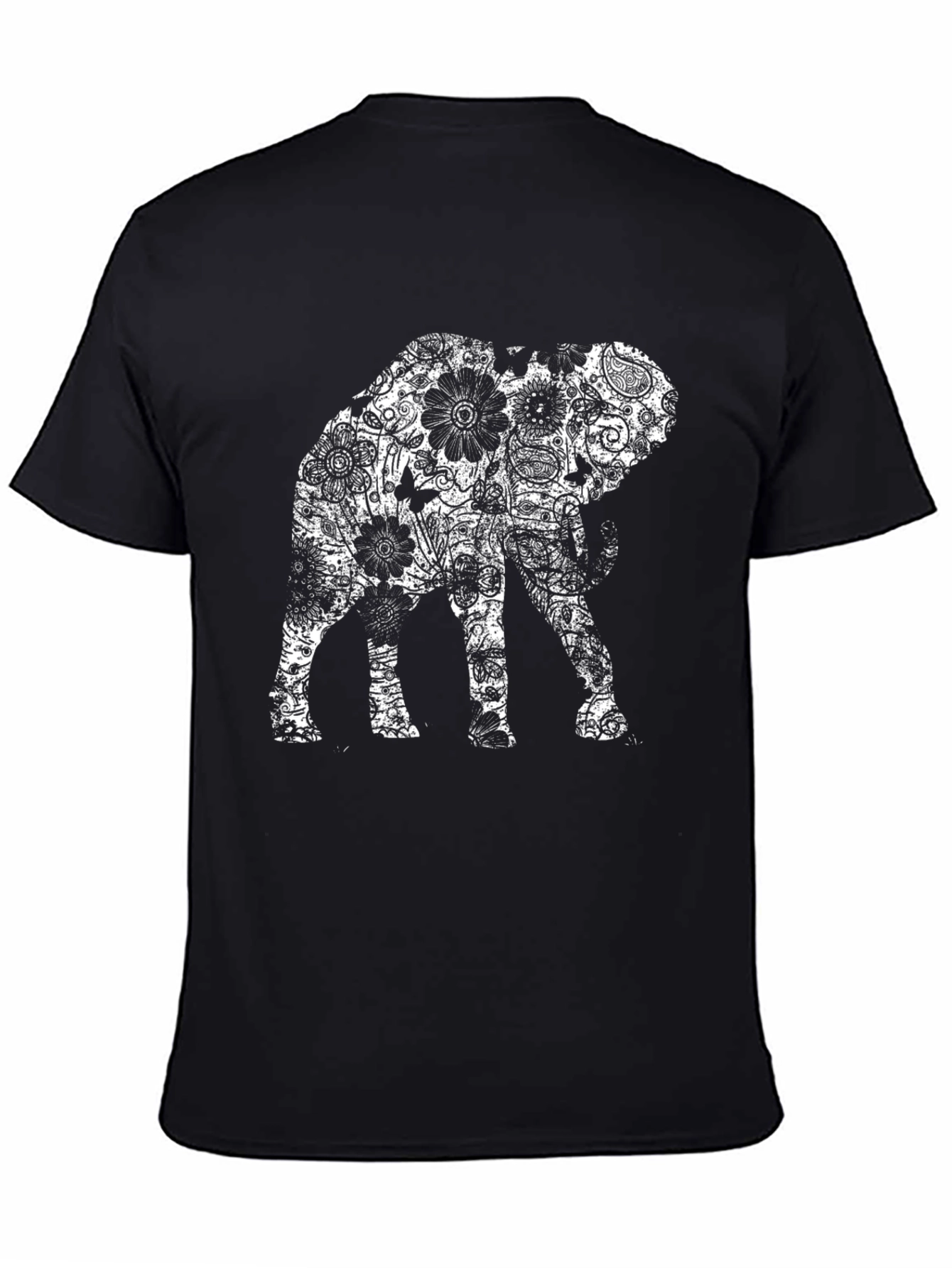 Floral Elephant Graphic Print Black T-Shirt