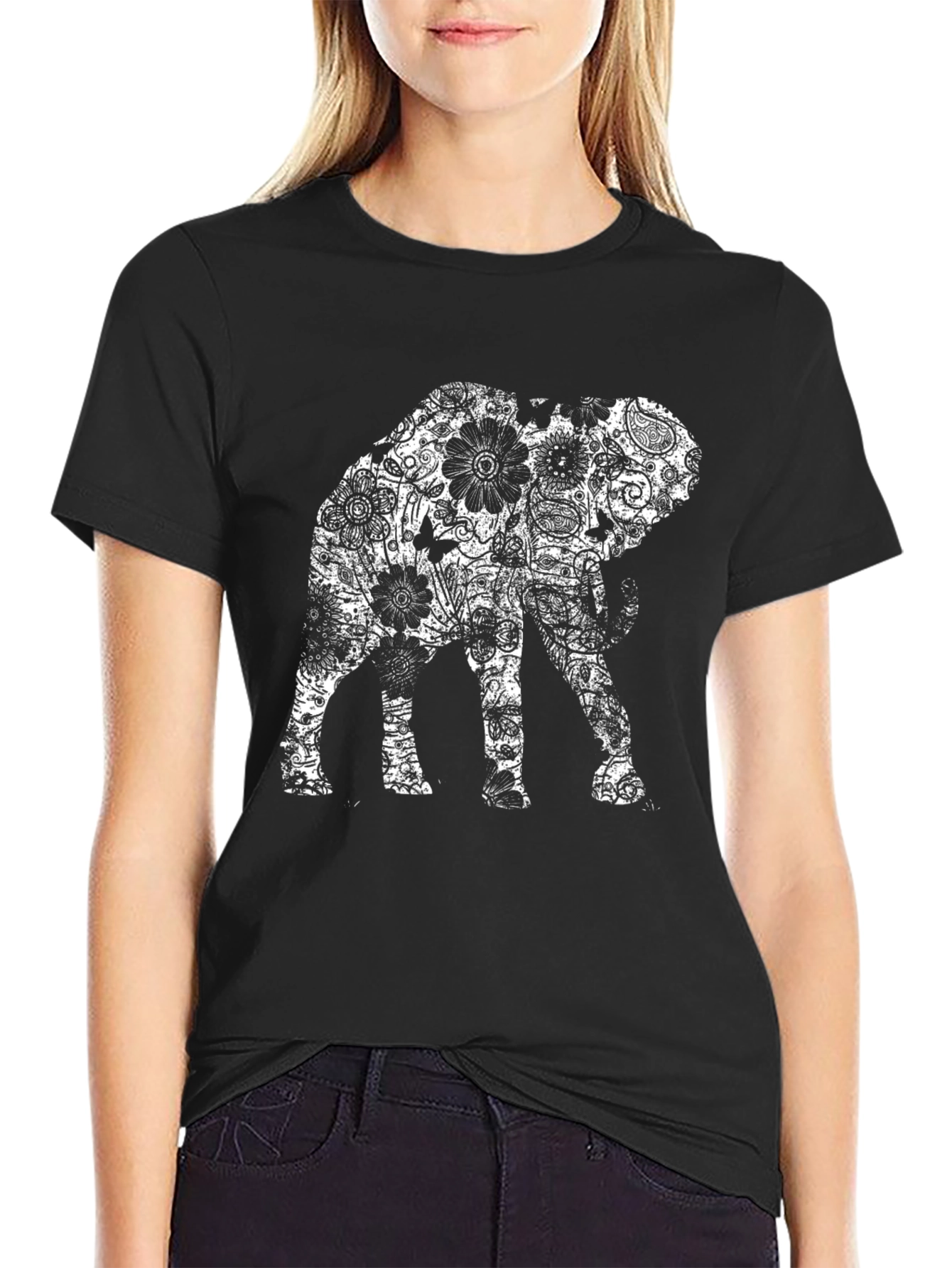 Floral Elephant Graphic Print Black T-Shirt