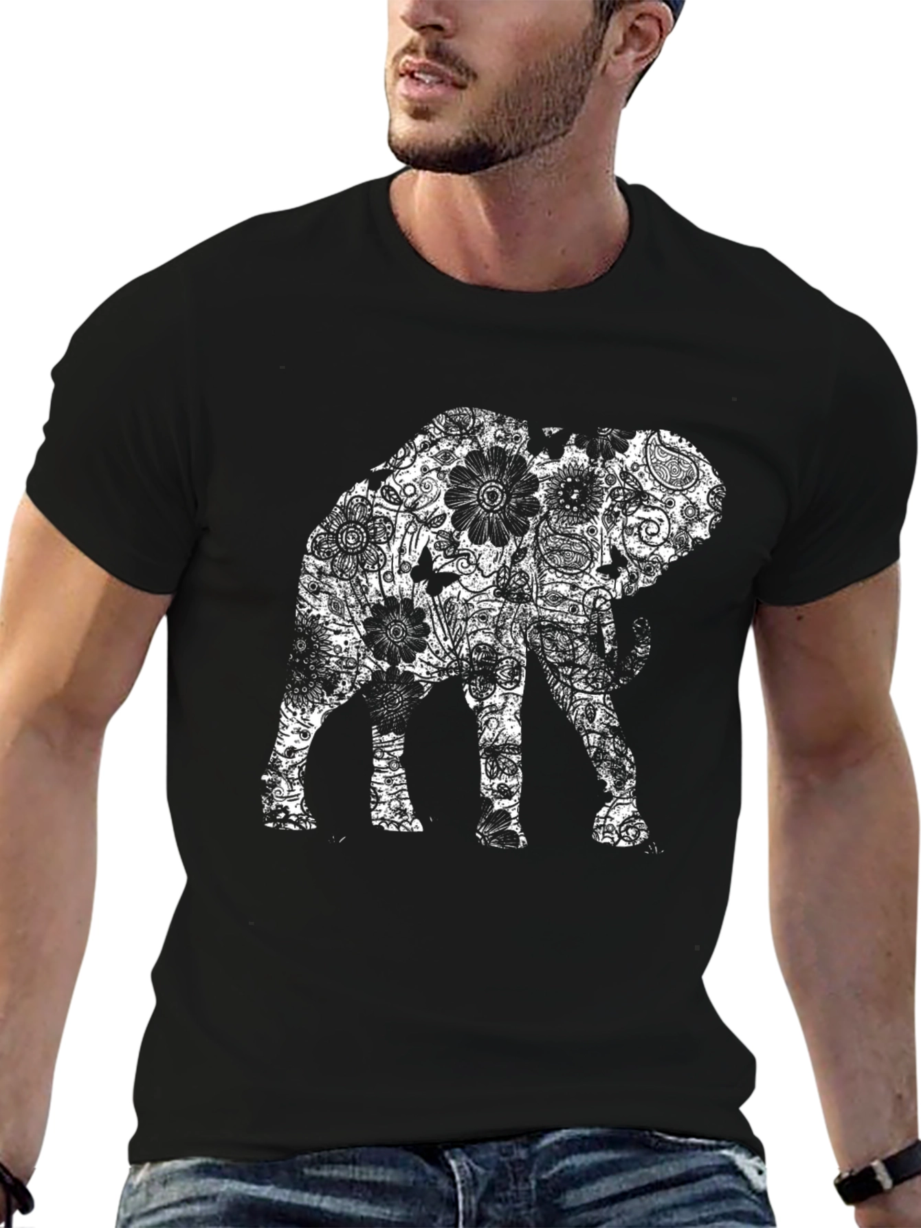 Floral Elephant Graphic Print Black T-Shirt