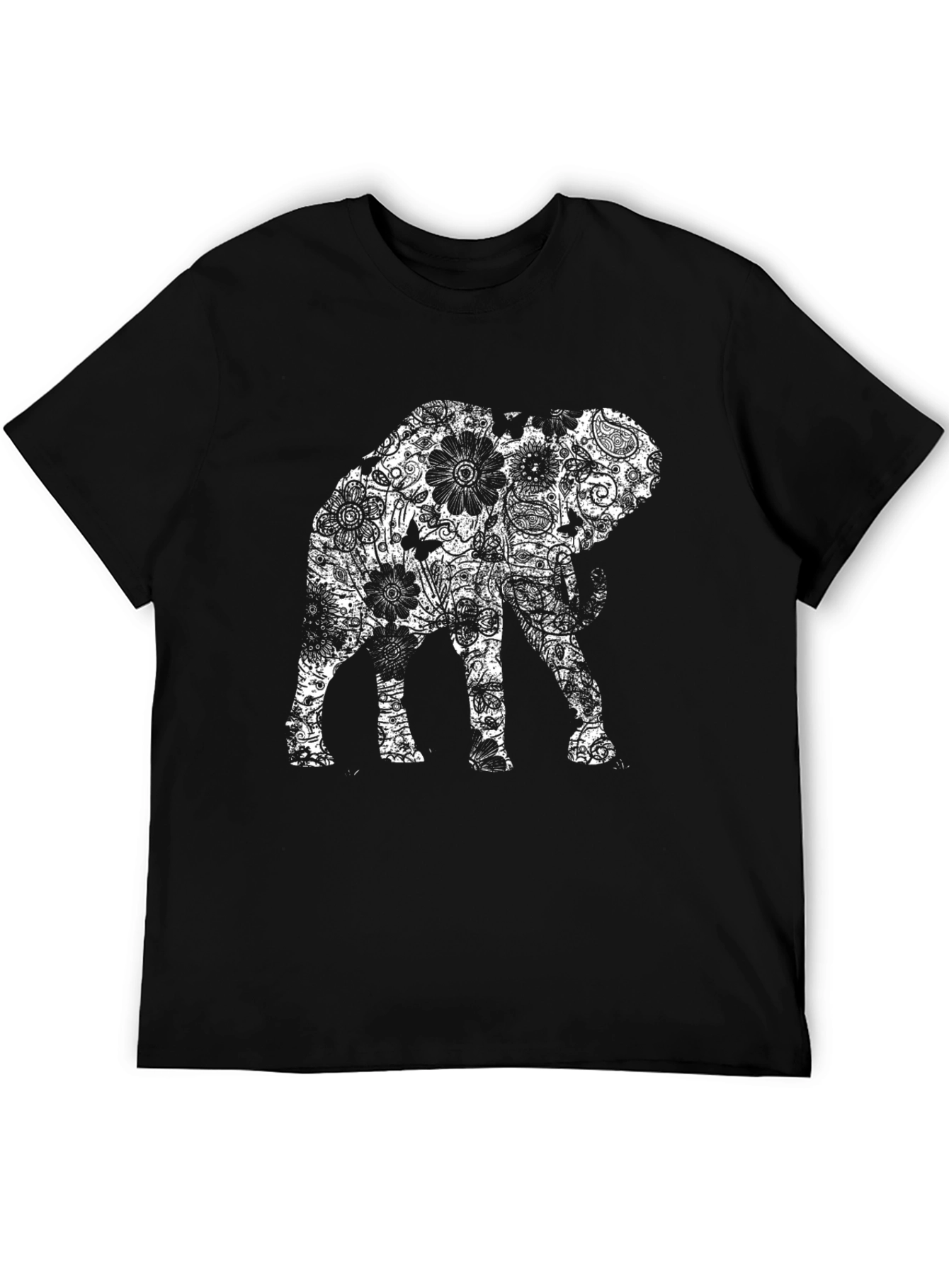 Floral Elephant Graphic Print Black T-Shirt
