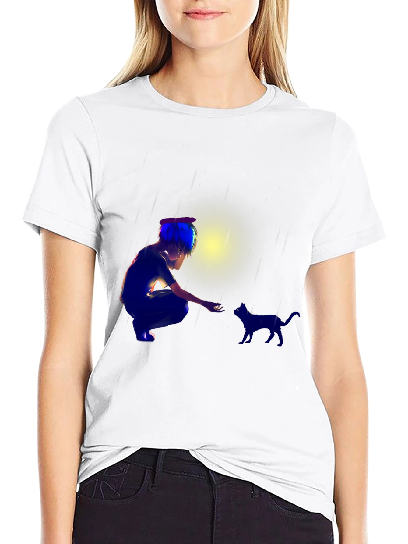 Anime Boy & Cat Black T-Shirt