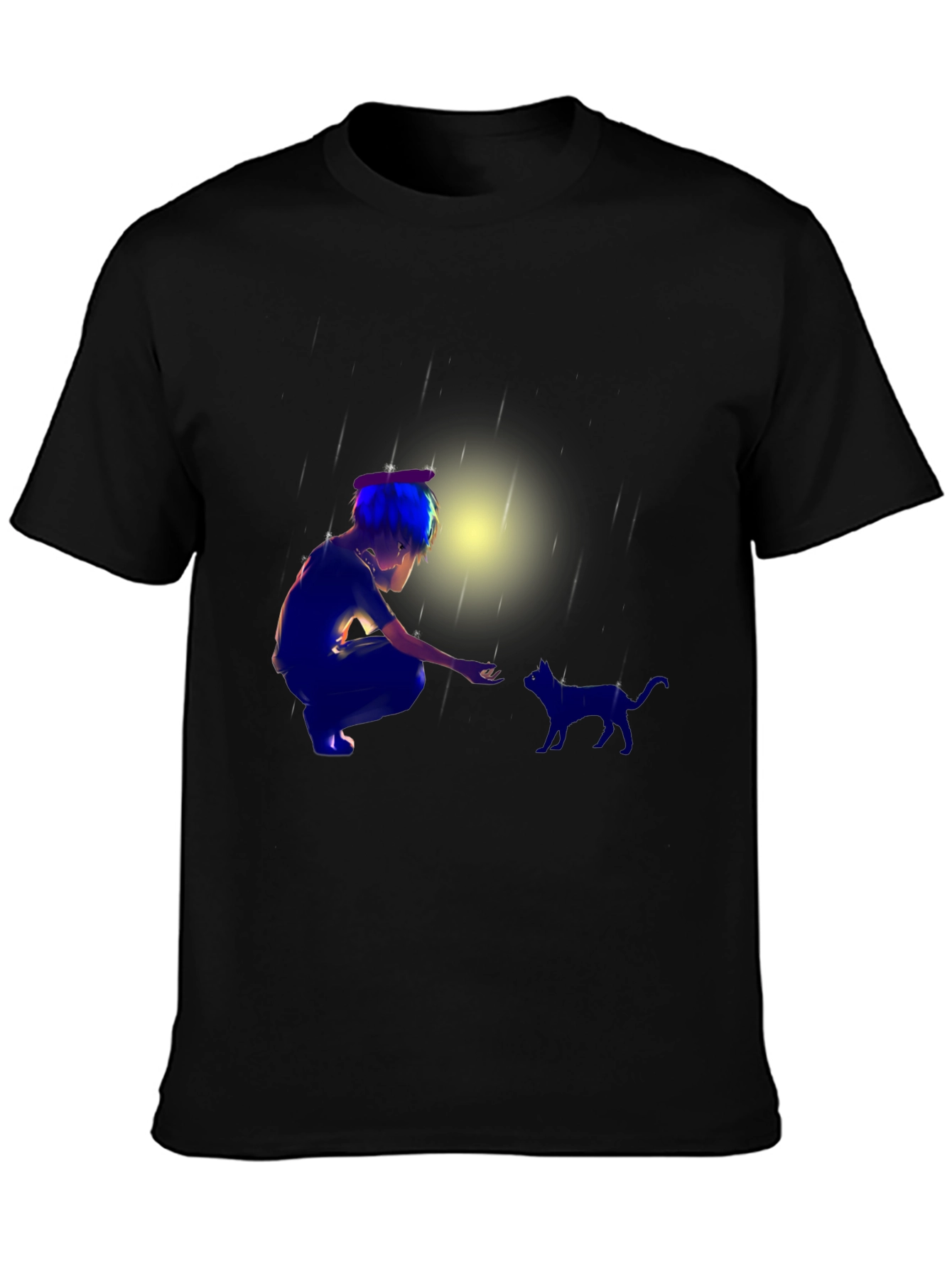 Anime Boy & Cat Black T-Shirt