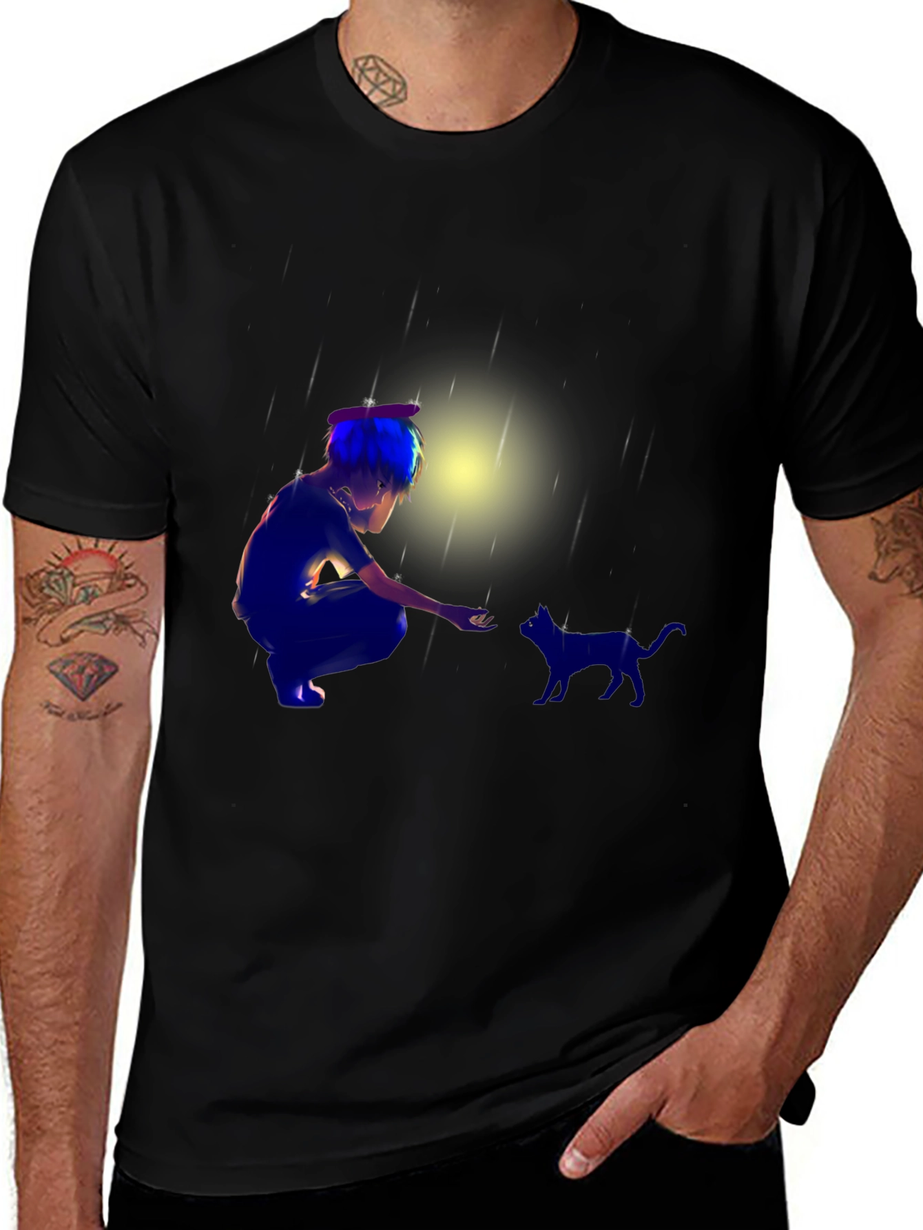 Anime Boy & Cat Black T-Shirt