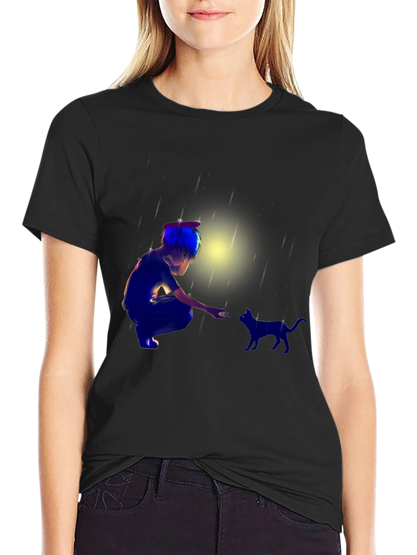 Anime Boy & Cat Black T-Shirt