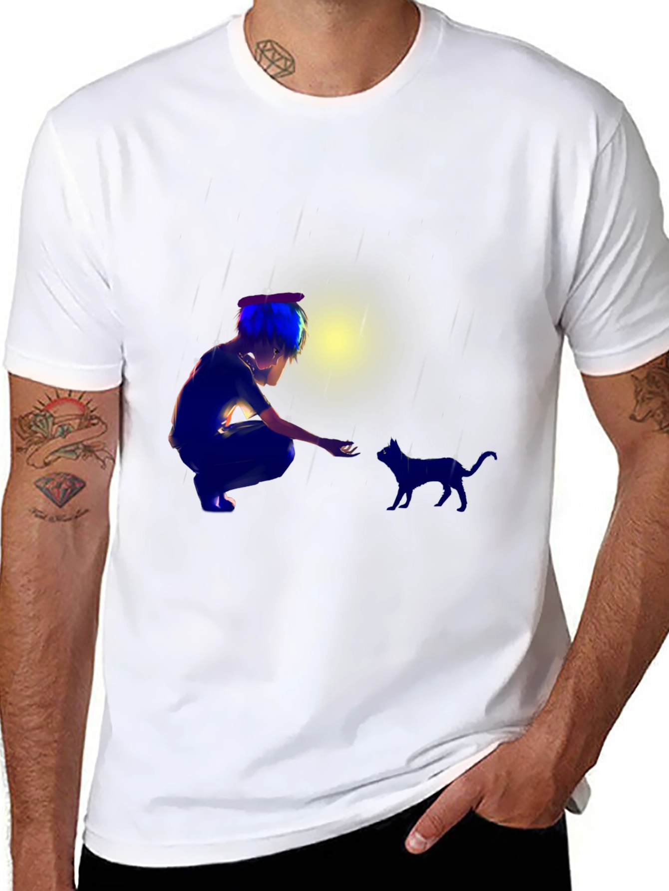Anime Boy & Cat Black T-Shirt