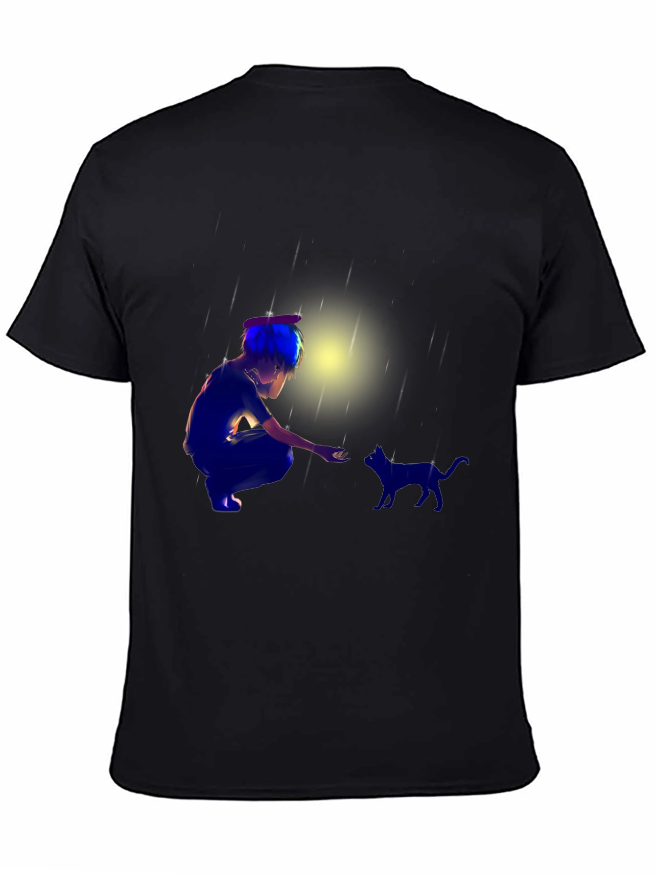 Anime Boy & Cat Black T-Shirt