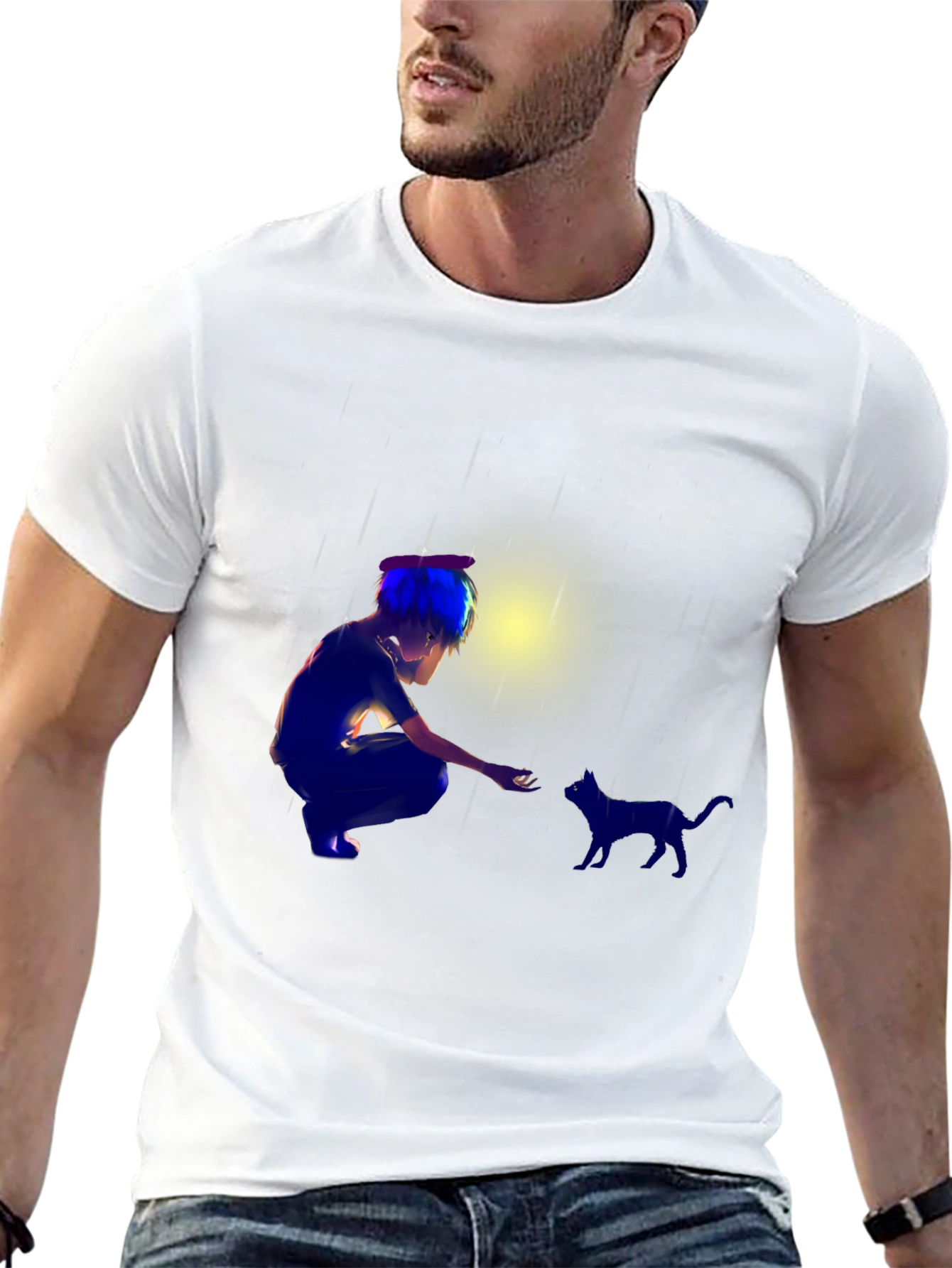 Anime Boy & Cat Black T-Shirt