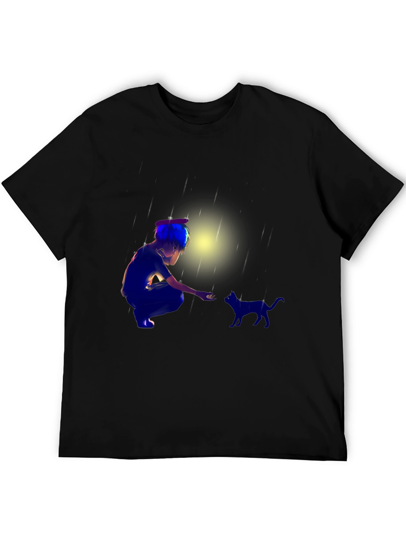 Anime Boy & Cat Black T-Shirt