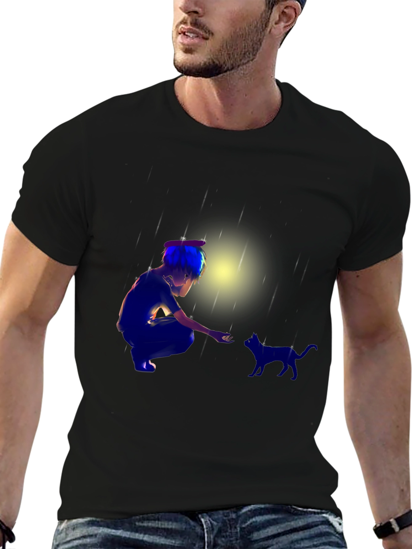 Anime Boy & Cat Black T-Shirt