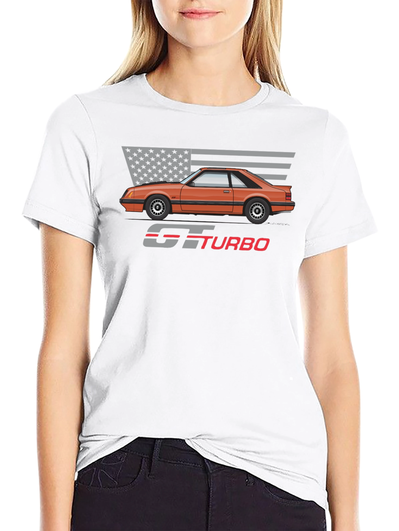 GT Turbo Car Graphic T-Shirt - American Flag Design