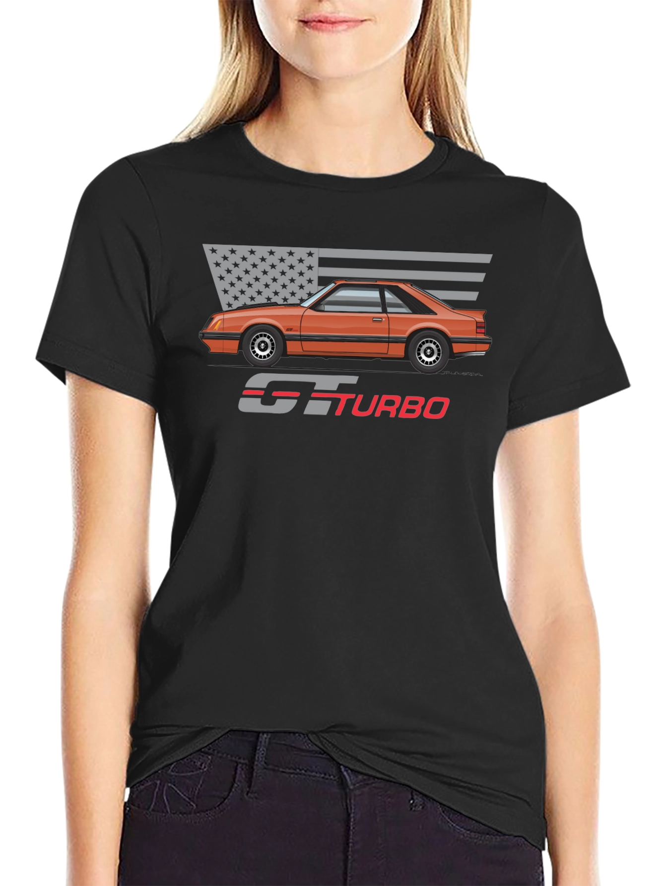 GT Turbo Car Graphic T-Shirt - American Flag Design