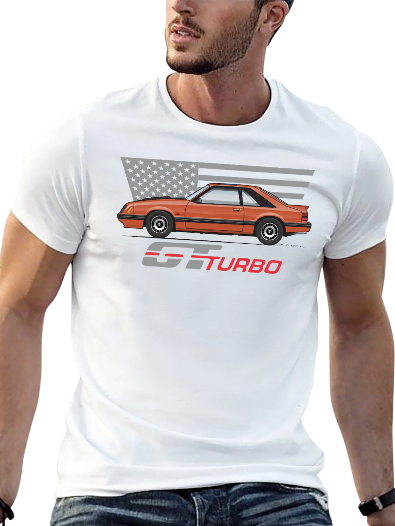 GT Turbo Car Graphic T-Shirt - American Flag Design