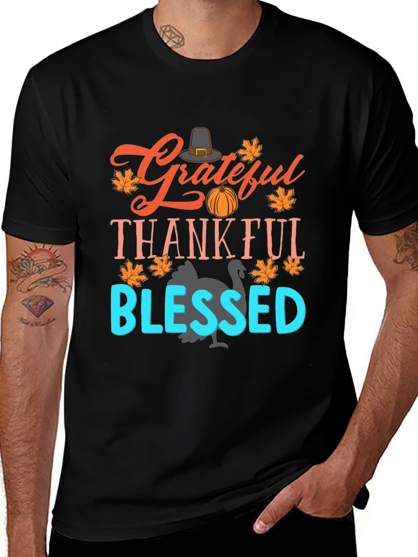 Grateful Thankful Blessed Thanksgiving Graphic Tee