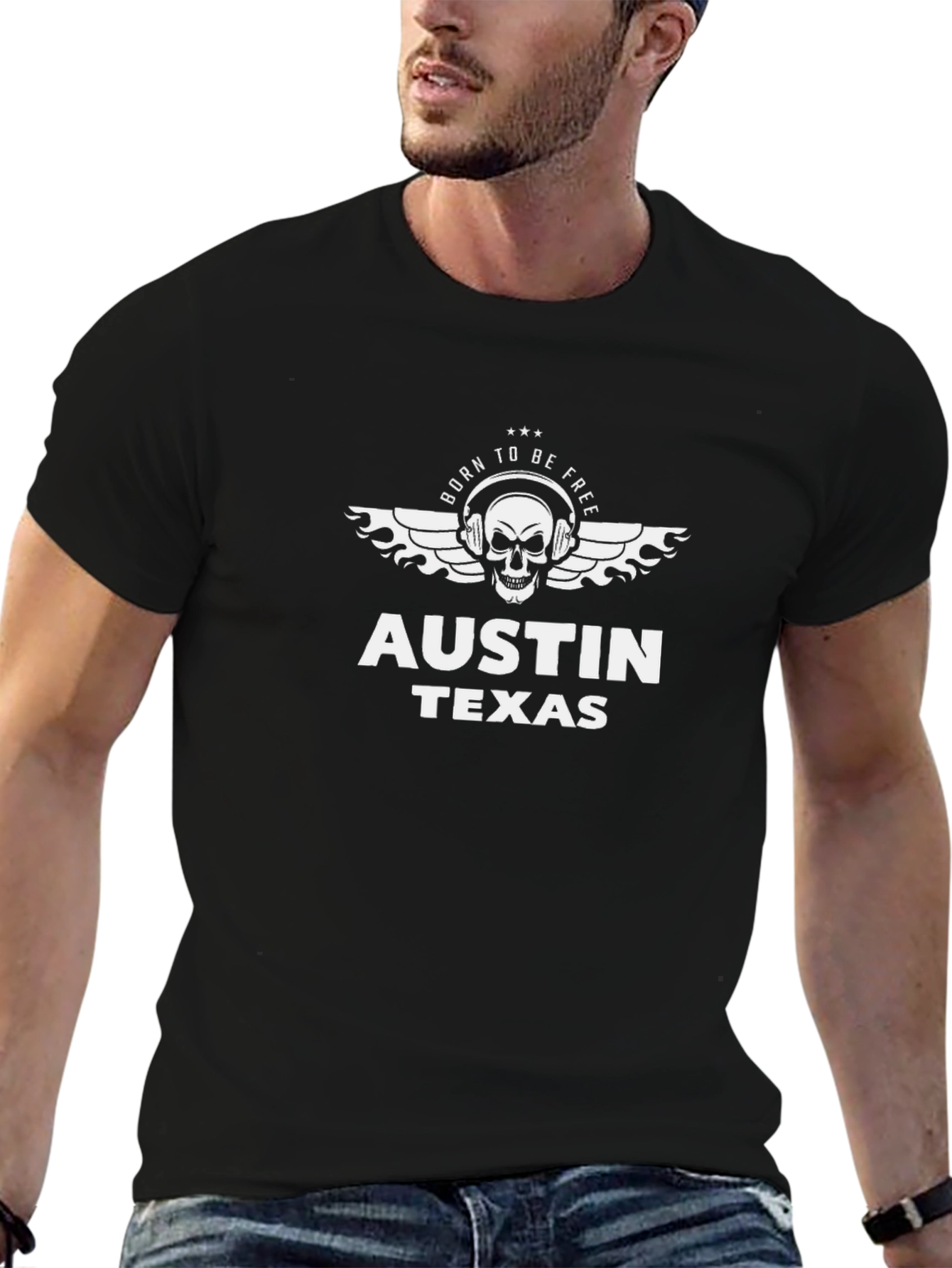 Austin Texas Skull Headphones Graphic Tee - Black Cotton
