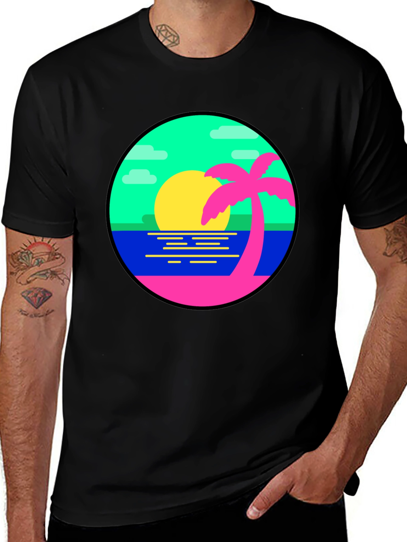 Retro Sunset Palm Tree Graphic Tee - Black