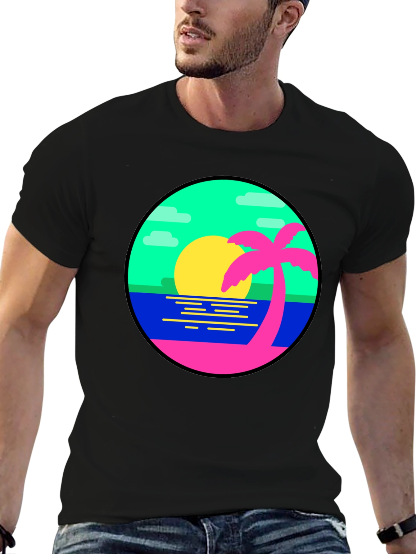 Retro Sunset Palm Tree Graphic Tee - Black