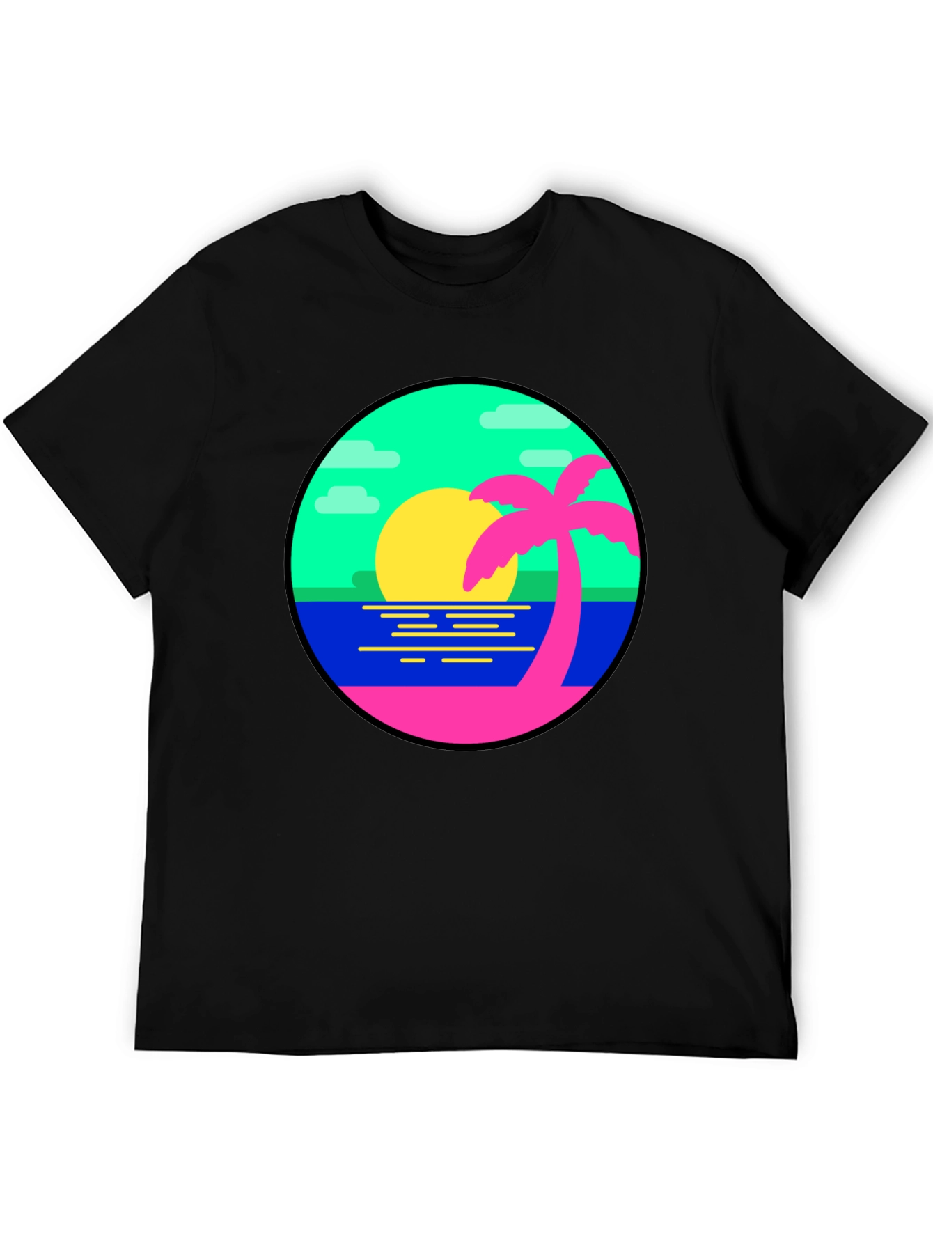 Retro Sunset Palm Tree Graphic Tee - Black