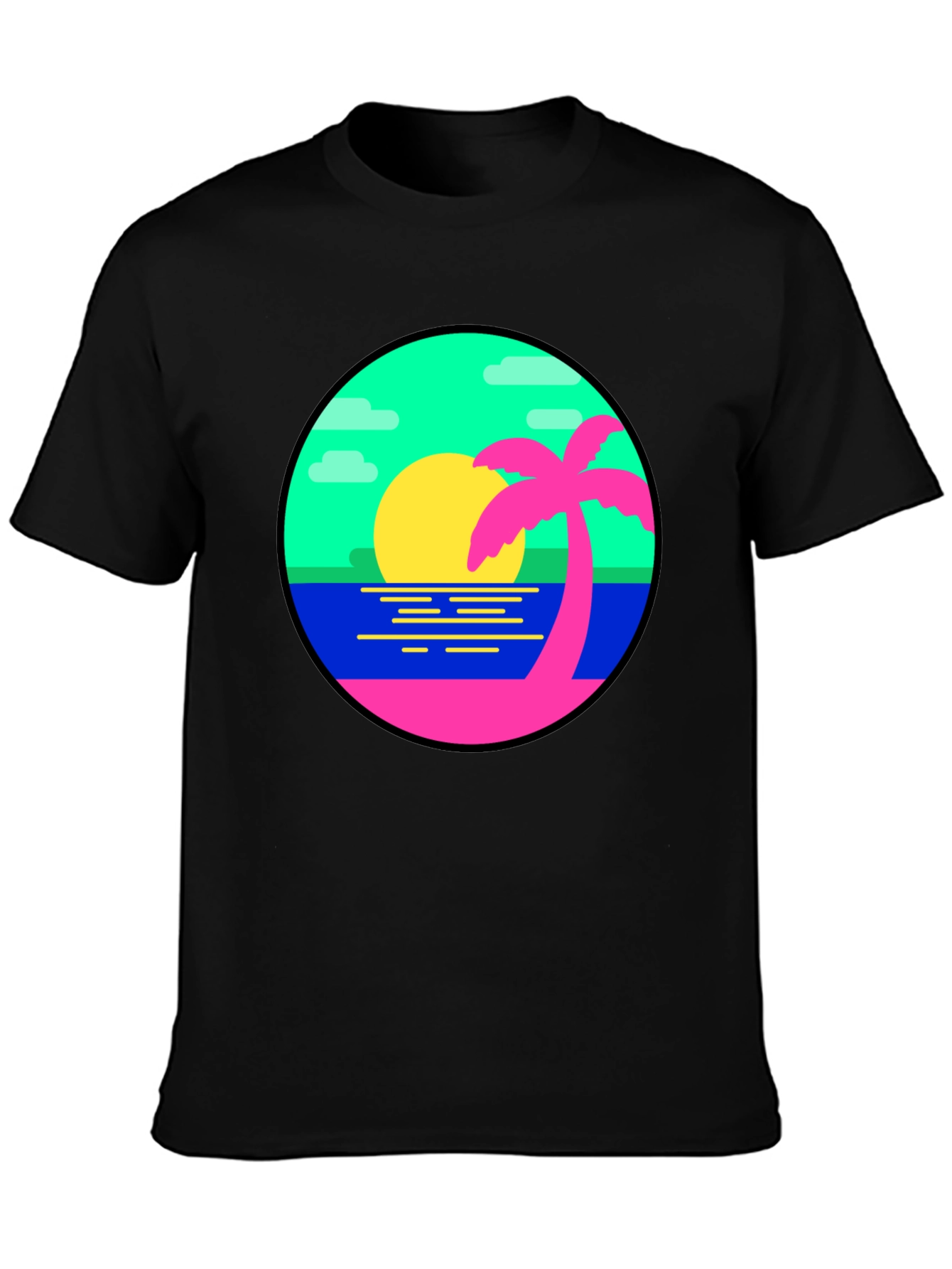Retro Sunset Palm Tree Graphic Tee - Black