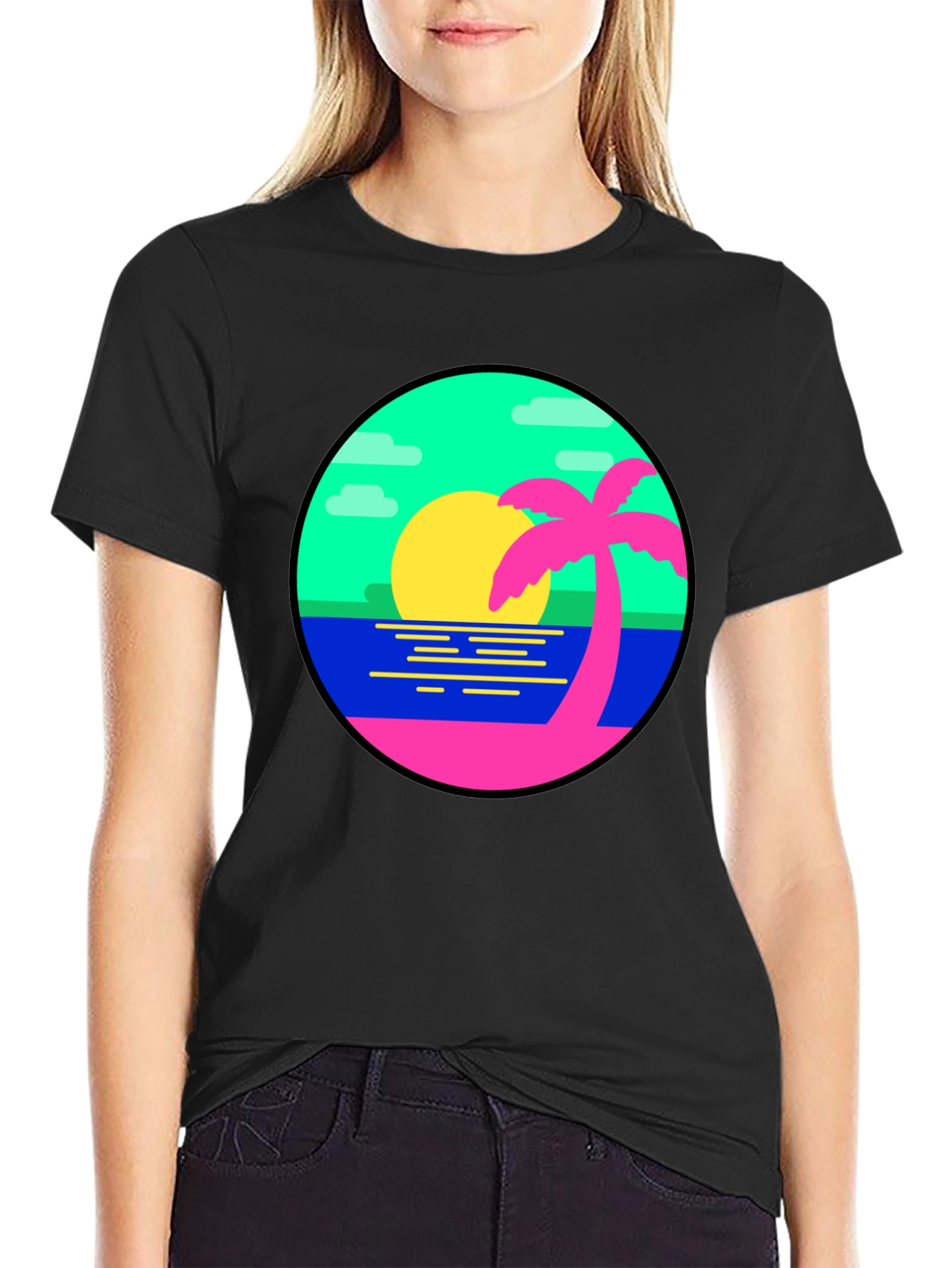 Retro Sunset Palm Tree Graphic Tee - Black