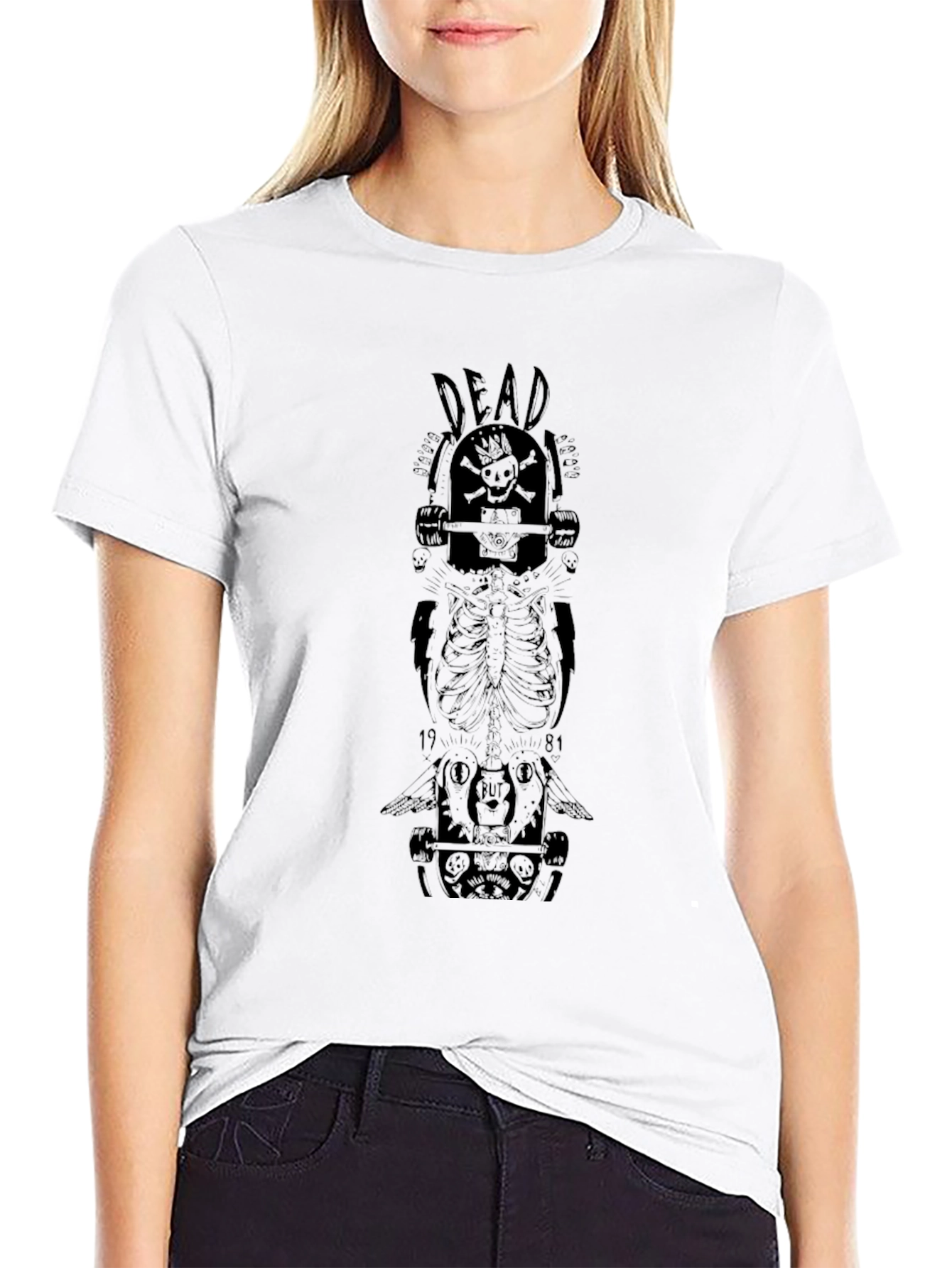 Skull Skateboard Graphic Tee - Black Cotton