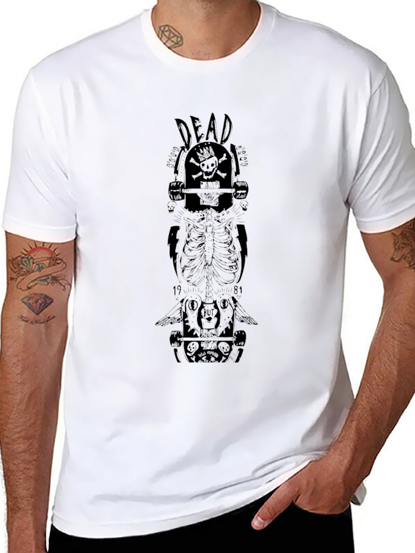 Skull Skateboard Graphic Tee - Black Cotton