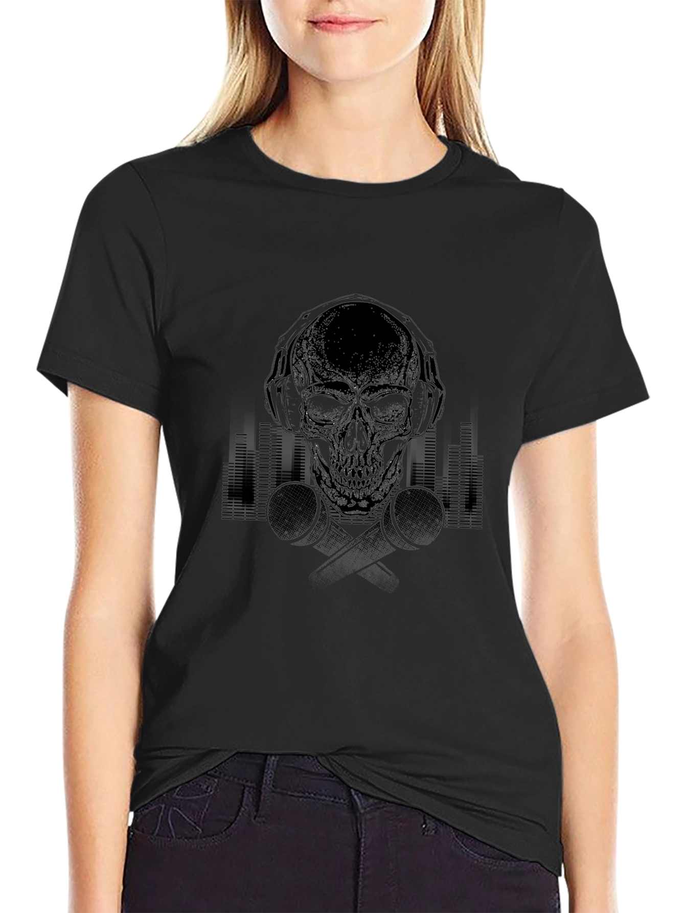 Skull with Headphones Graphic Tee - Black