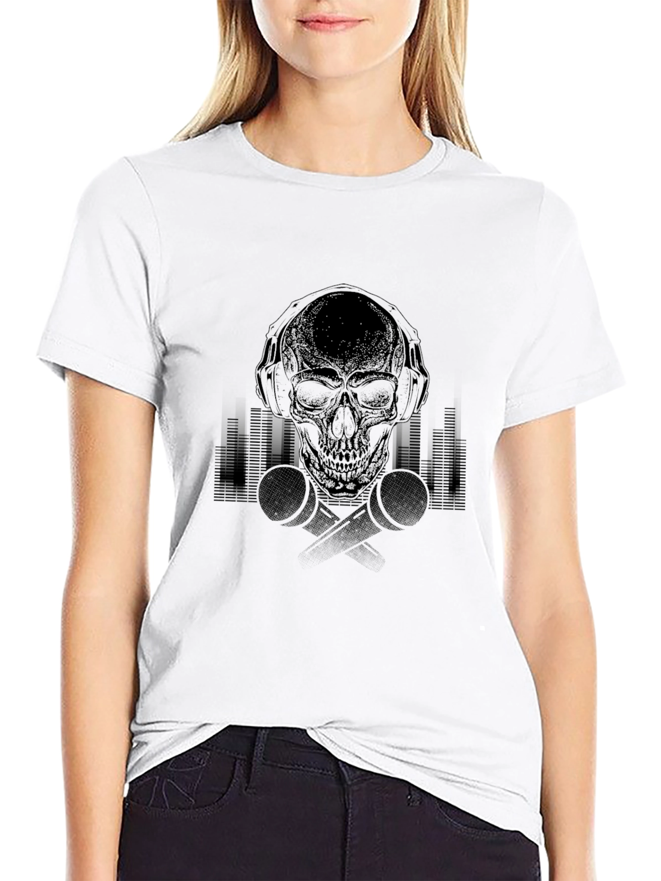 Skull with Headphones Graphic Tee - Black
