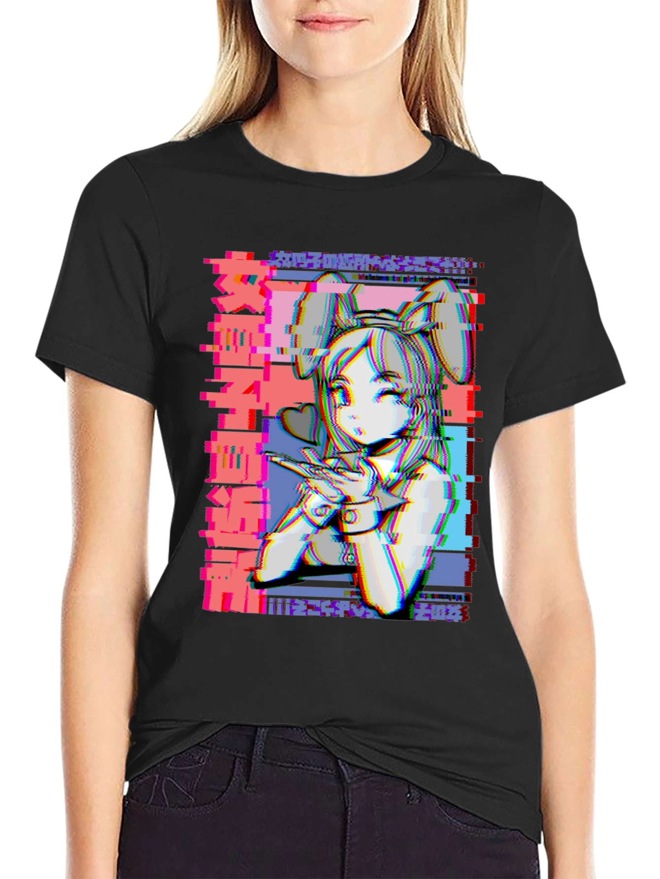 Anime Girl Glitch Style Graphic T-Shirt