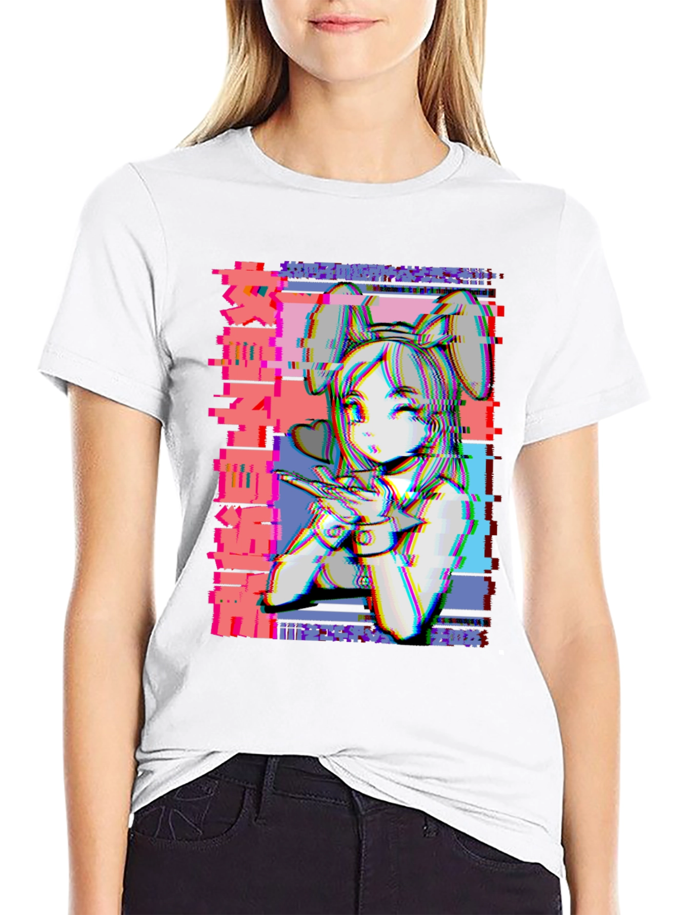 Anime Girl Glitch Style Graphic T-Shirt