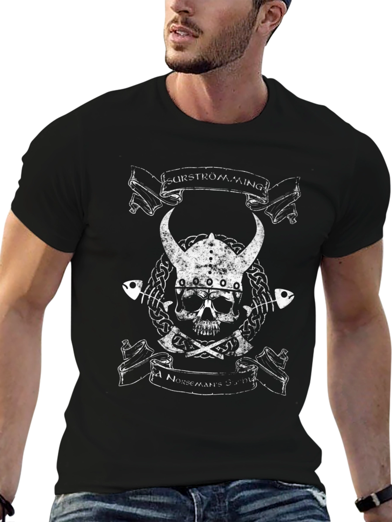 Viking Skull Graphic Print Black T-Shirt