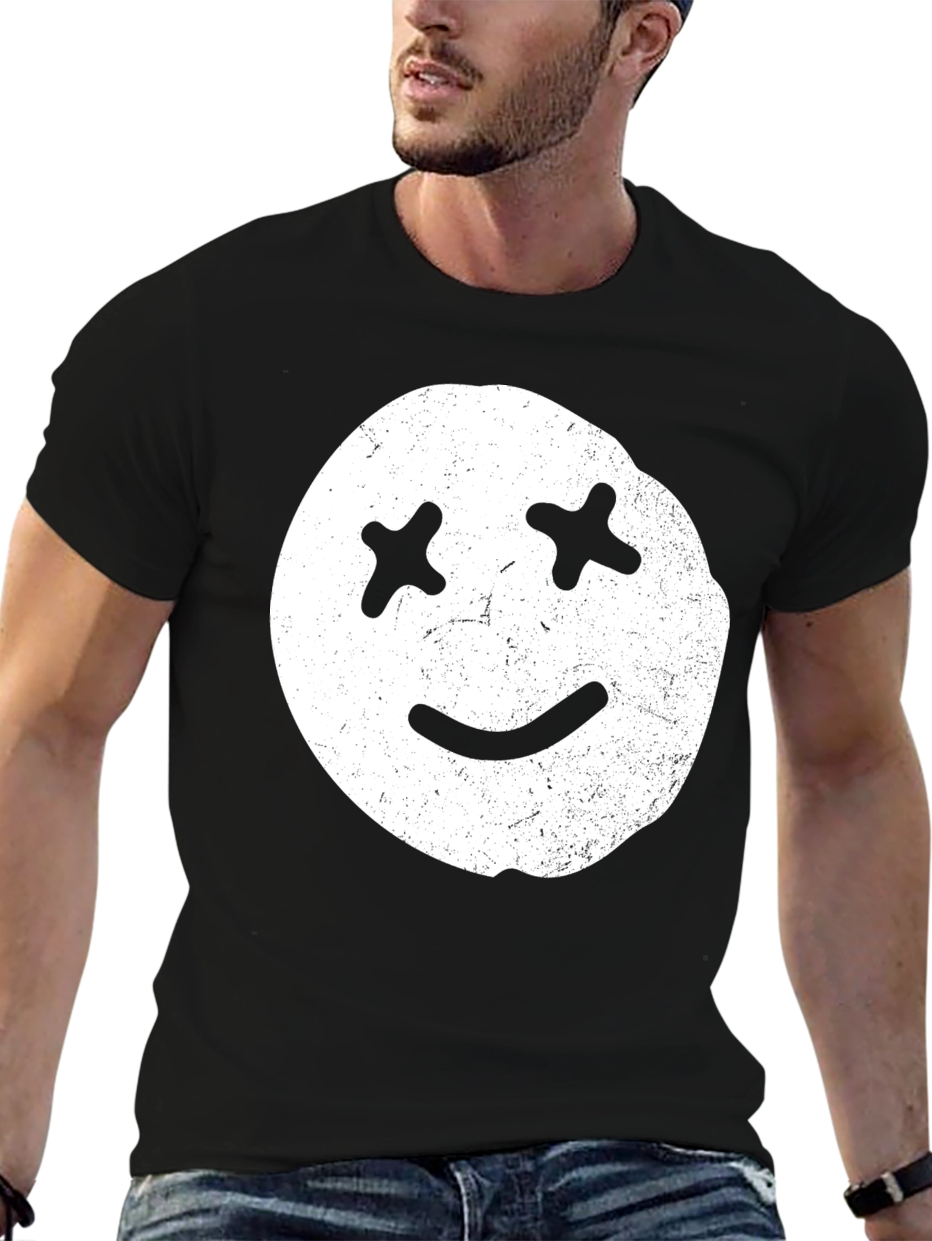Distressed Smiley Face Graphic Tee - Casual Comfort