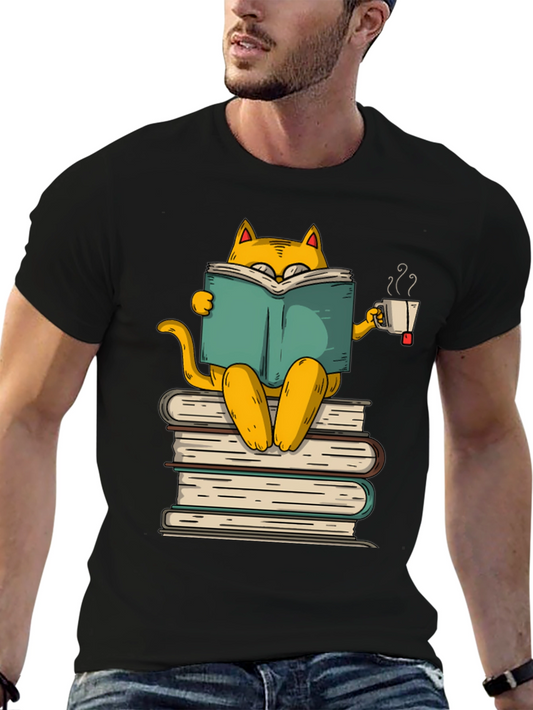 Bookish Cat T-Shirt: Reader Kitty with Tea