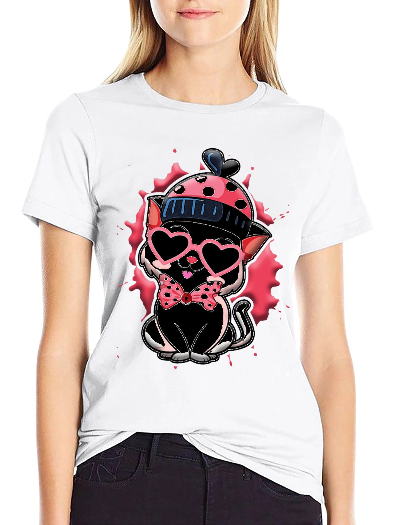 Cute Cat in Hat T-Shirt - Valentines Day Ready