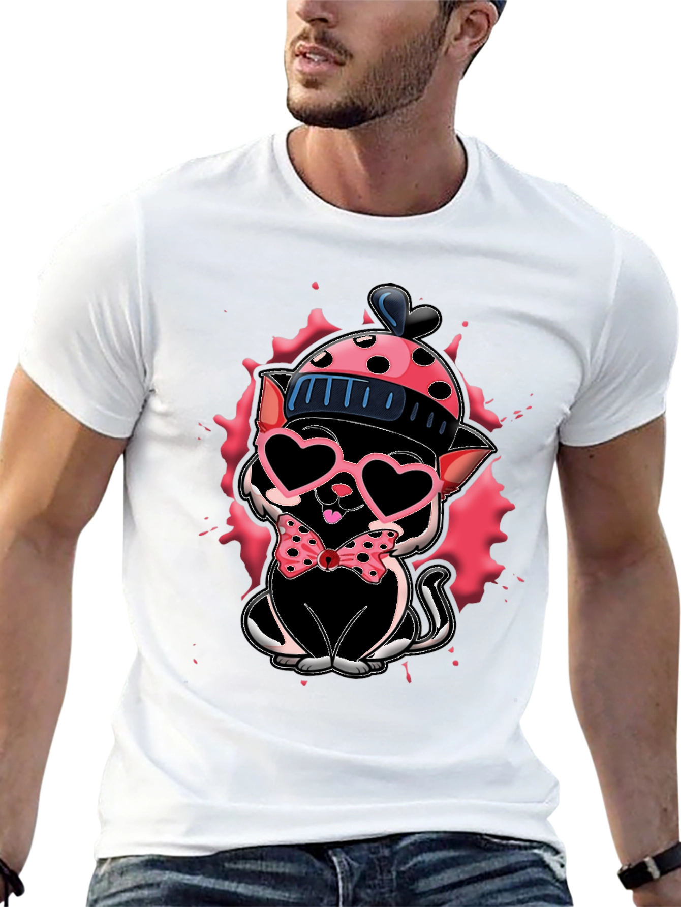 Cute Cat in Hat T-Shirt - Valentines Day Ready