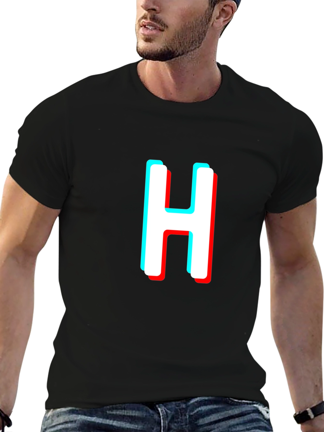 3D Effect H Letter Graphic Black T-Shirt