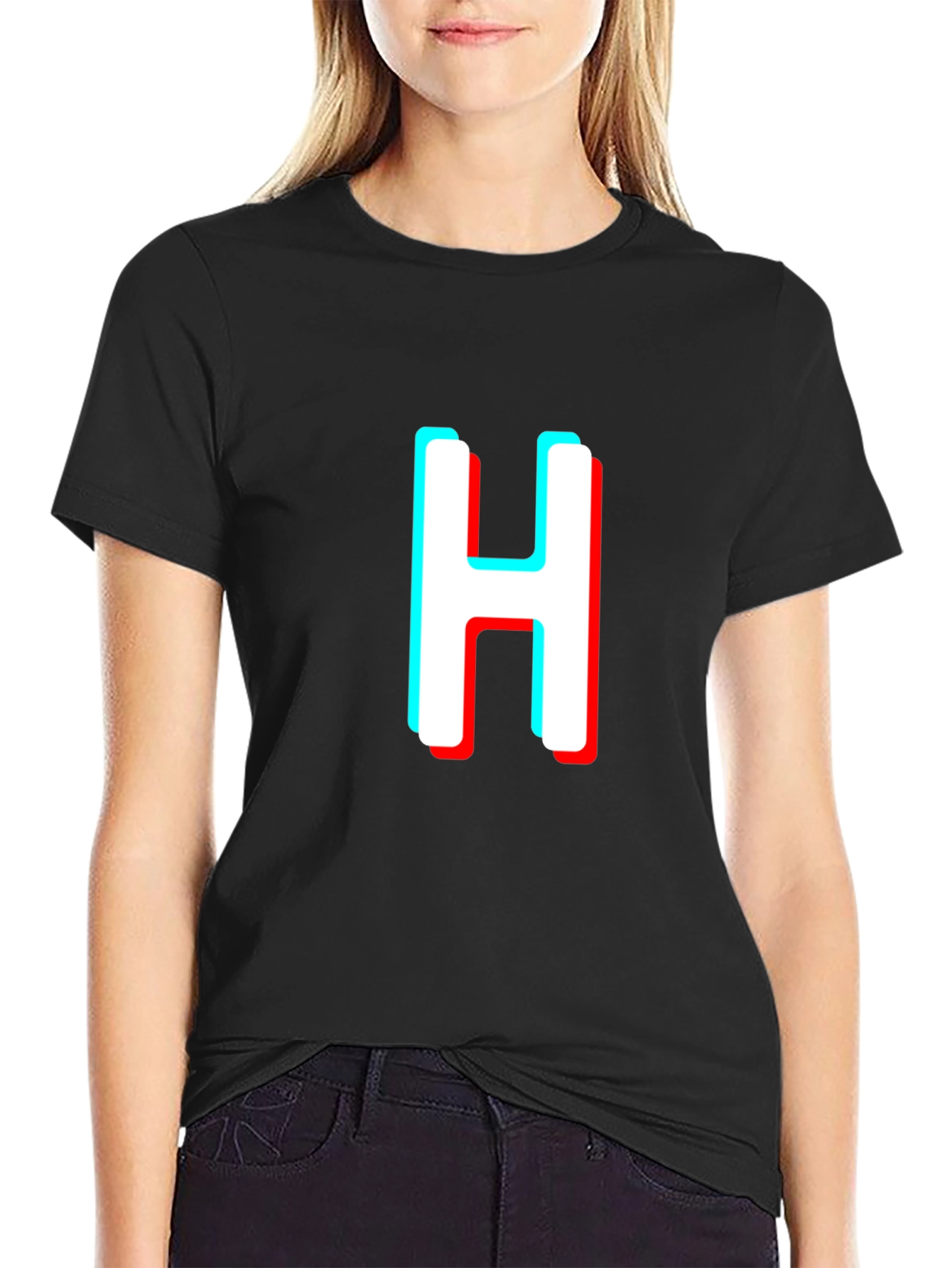 3D Effect H Letter Graphic Black T-Shirt