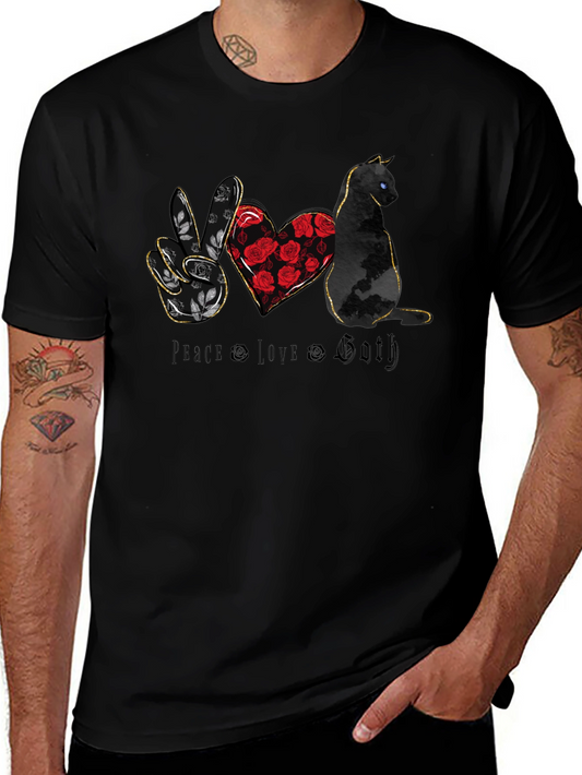 Peace Love Goth T-Shirt - Black Cat & Roses Graphic Tee