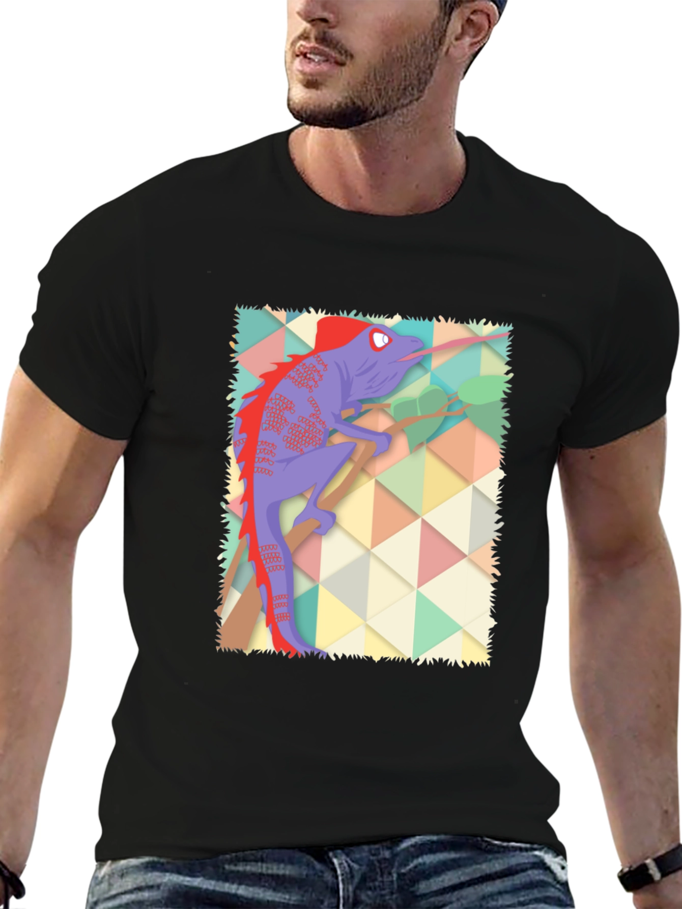 Chameleon Graphic Print T-Shirt - Black Cotton Blend