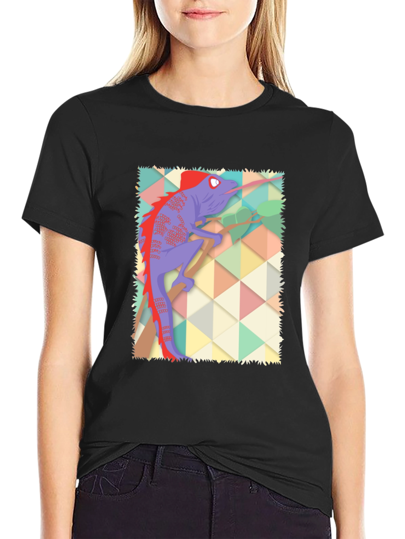 Chameleon Graphic Print T-Shirt - Black Cotton Blend