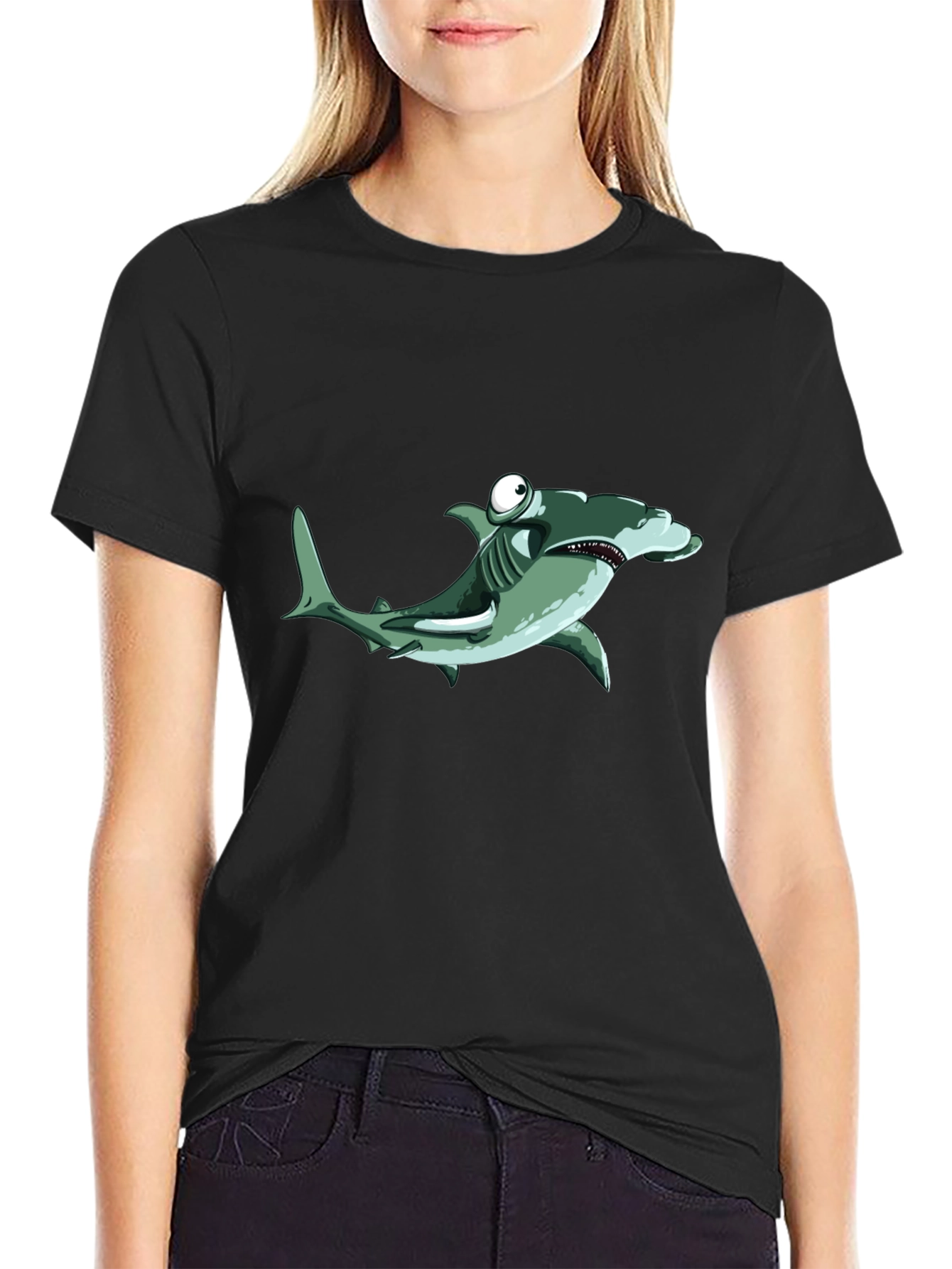 Cartoon Hammerhead Shark Black T-Shirt