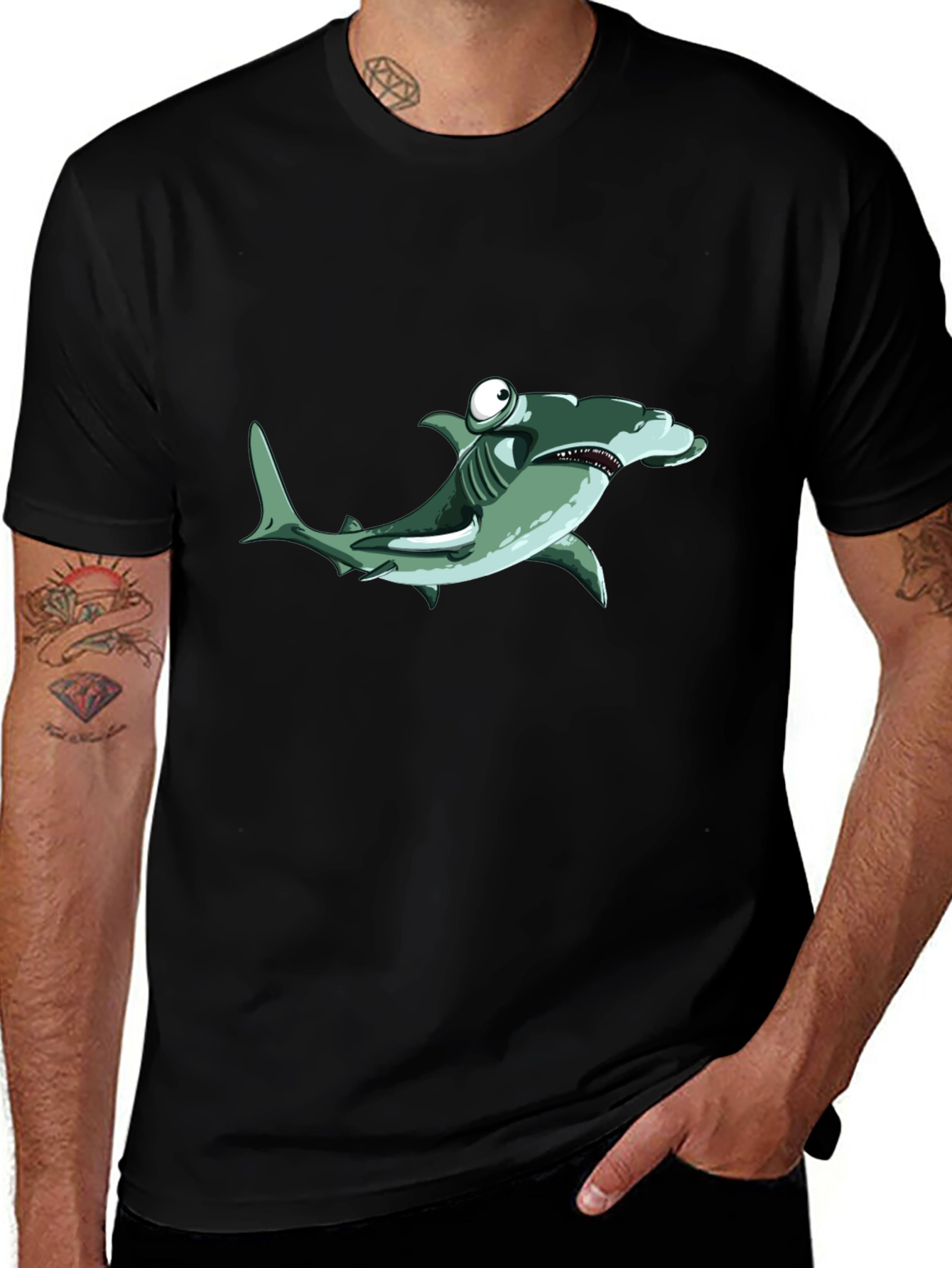 Cartoon Hammerhead Shark Black T-Shirt