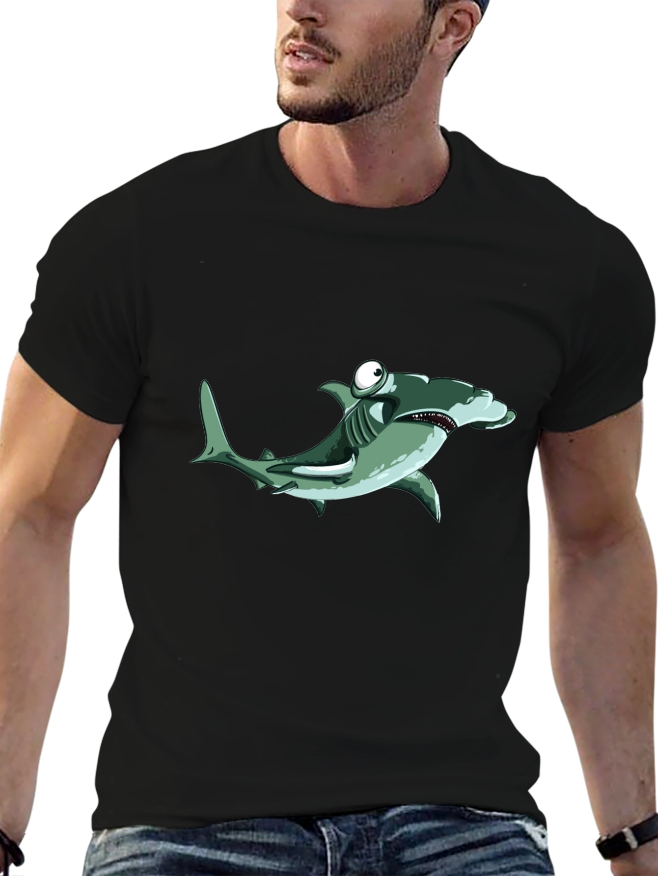 Cartoon Hammerhead Shark Black T-Shirt