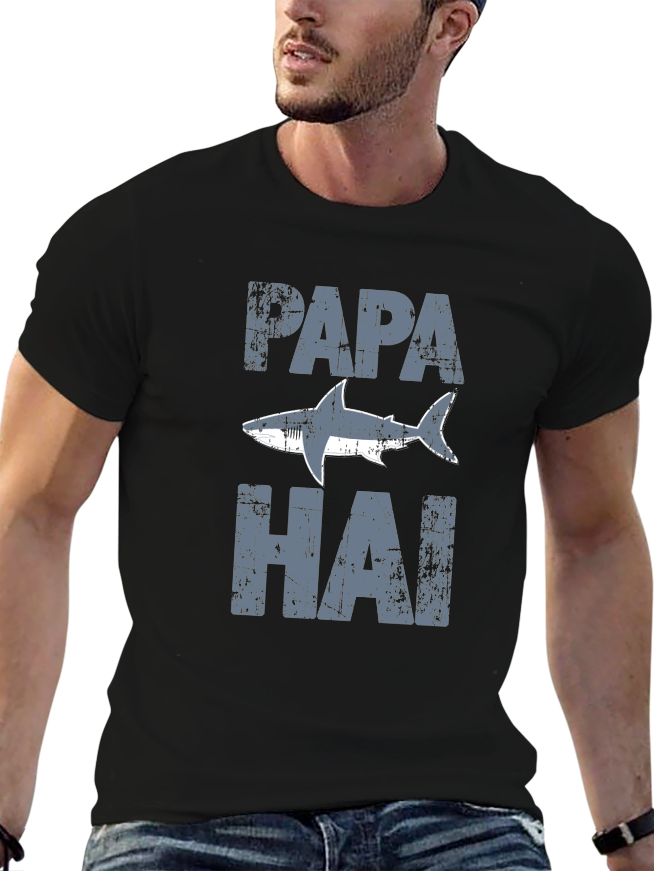 Papa Shark Distressed Graphic T-Shirt - Fathers Day