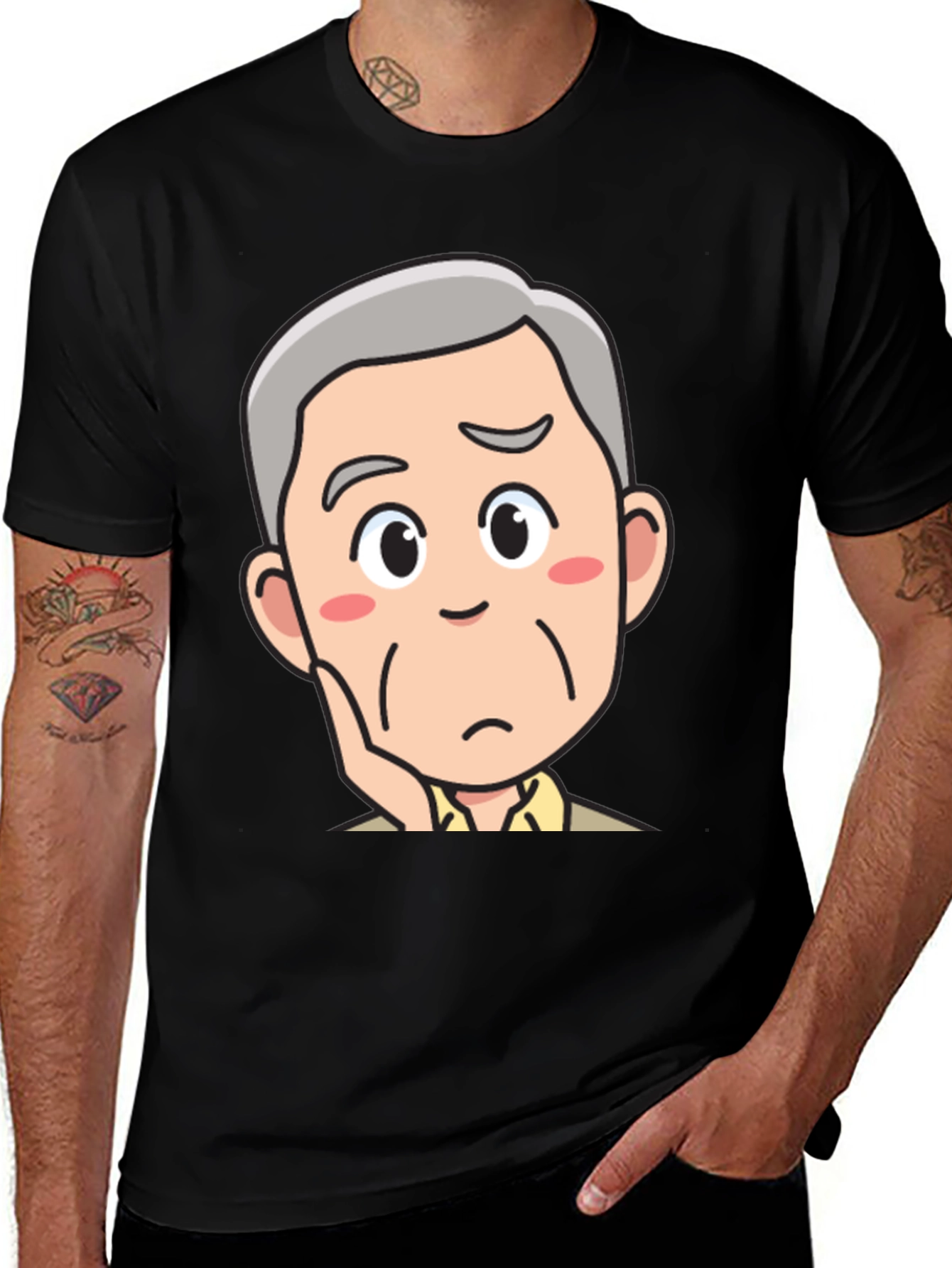 Pensive Cartoon Man Black T-Shirt