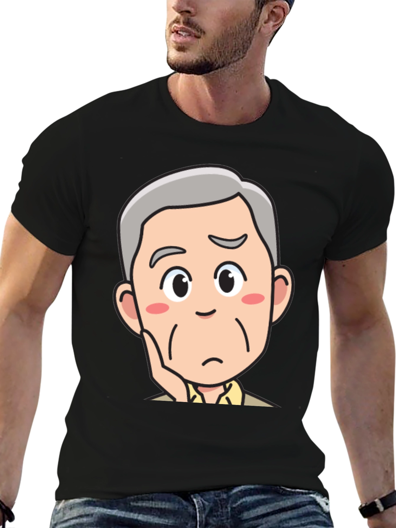 Pensive Cartoon Man Black T-Shirt